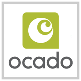 The word "ocado" written in black underneath a green logo all on a white background